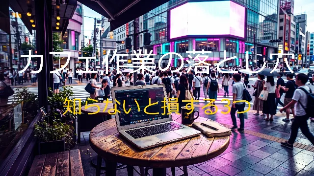 街の交差点とカフェのテーブルの写真に「カフェ作業の落とし穴」「知らないと損する3つ」。縁がなく、白い字と黄色の字が背景の人や建物に溶けて読みにくい
